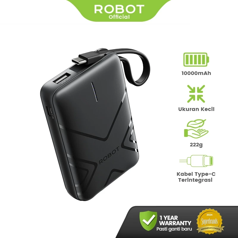 ROBOT Smart Powerbank Mini 37Wh 10000mAh With Cable USB to Type C Power Bank Fast Charging RT17 Original