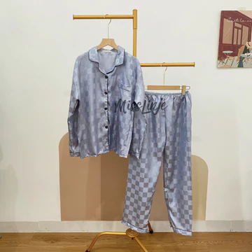 Baju Tidur Piyama Satin Kotak Setelan Lengan Panjang Celana Panjang Wanita Busui Full Kancing