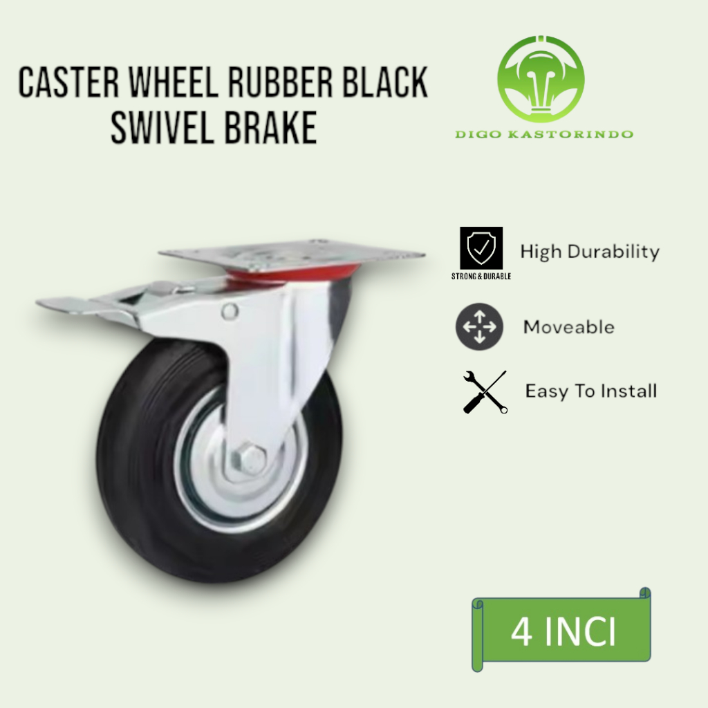 Jual Roda Kastor Karet Hitam Hidup Rem 4 Inci Caster Wheel Black Rubber ...