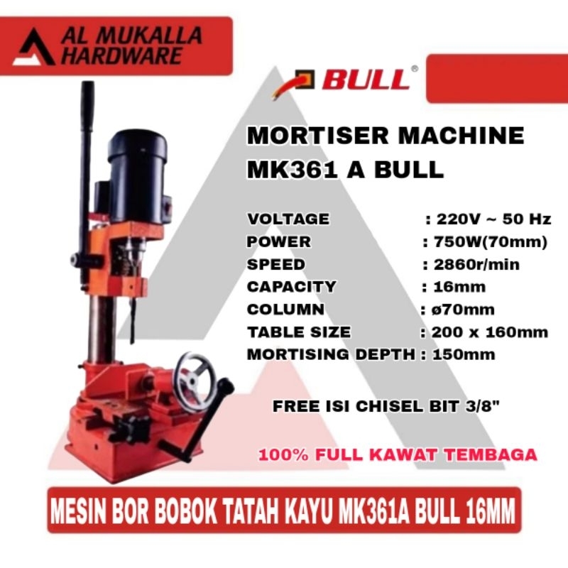 Jual Mesin Bor Bobok Tatah Kayu 16MM 750 Watt MK361A BULL | Mortising ...