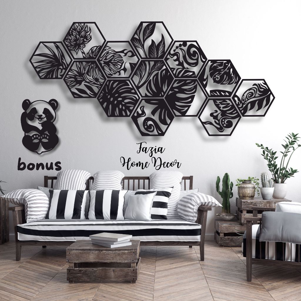 HEXSAGONAL TEMA DAUN MONSTERA 13 PANEL HIASAN DINDING AESTETIK BEAUTY WALL DECOR