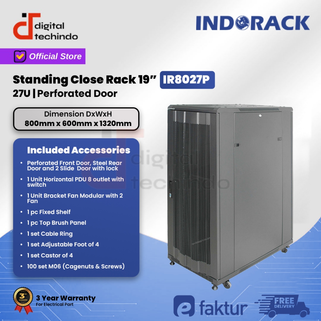 Jual IR8027P Close Rack 27U INDORACK Depth 800mm Perforated Door Rak ...