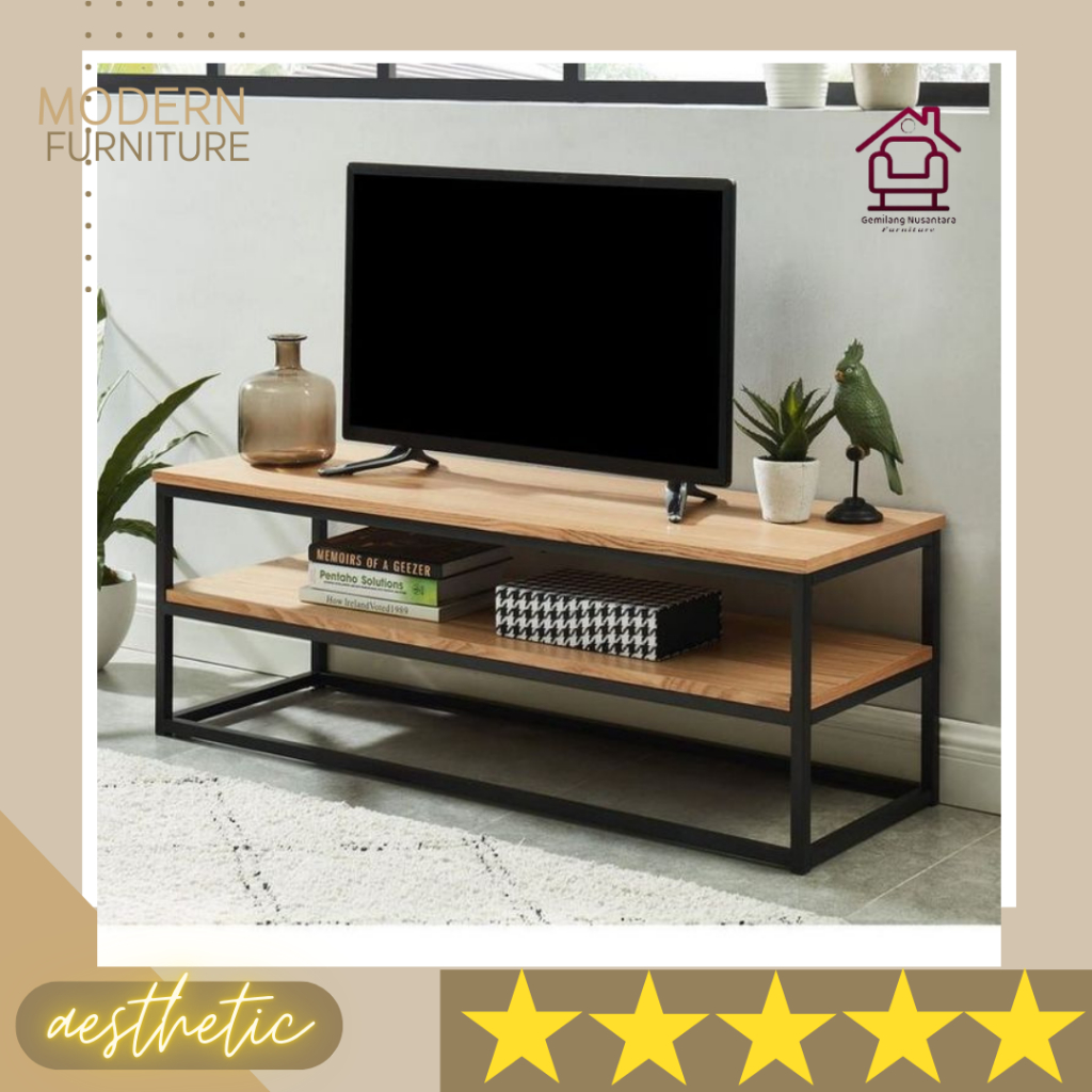 Jual Meja TV Minimalis Rangka Besi Permukaan Motif Serat Kayu | Shopee ...