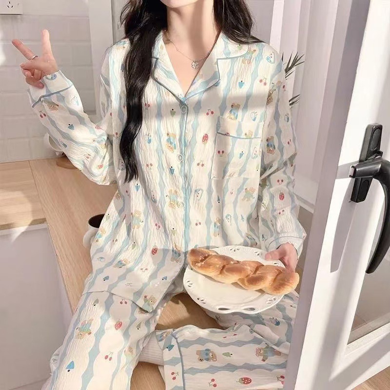LNR Shop Piyama Baju Tidur Lengan Celana Panjang Import Full Kancing Hidup Dengan Saku Kerah Leher Bentuk V Motif Vintage Set Pakaian Tidur Setelan Santai Busui Friendly Pajamas Wanita Dewasa Bahan Pr