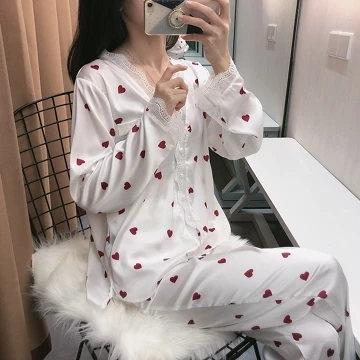 Baju Tidur Wanita Piyama Set BS 5110 Setelan Lace Renda Ice Silk Lengan Panjang Celana Panjang