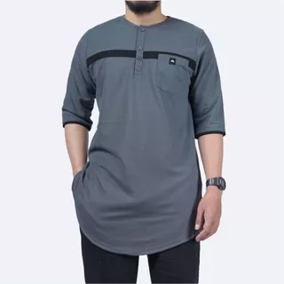 KHOIRUMMAH Kurta Umair Dewasa - Baju Kaos Muslim Pria Dewasa Lengan 3/4 - Grey