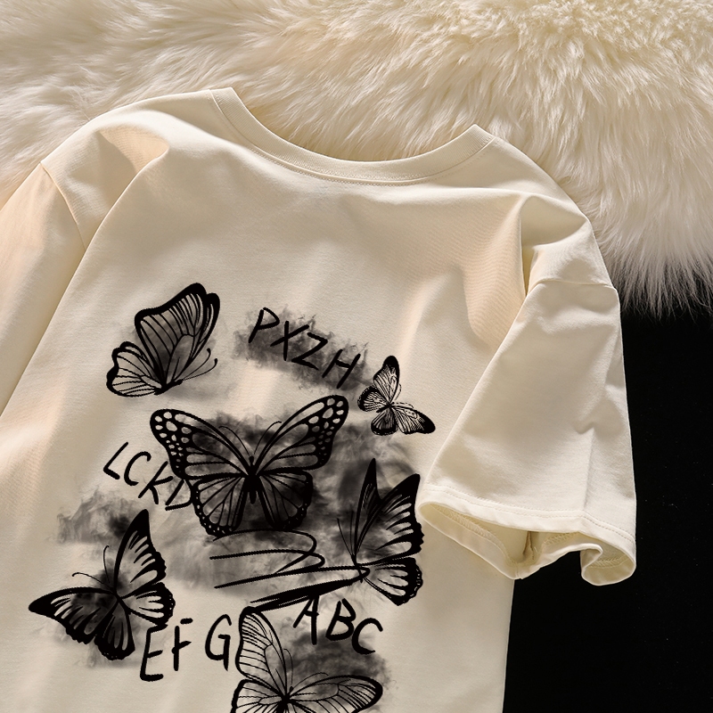 Jual Po floret Cream Kaos Oversize Butterfly ink painting Korean Style ...
