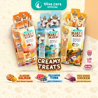Olive Care PAKET CREAMY TREATS 16gr UP SIZE Isi 5pcs Snack Cemilan Kucing Bernutrisi dengan Daging Tuna/Salmon/Ayam Asli with Highbush Blueberry/Winter Squash/Red Spinach