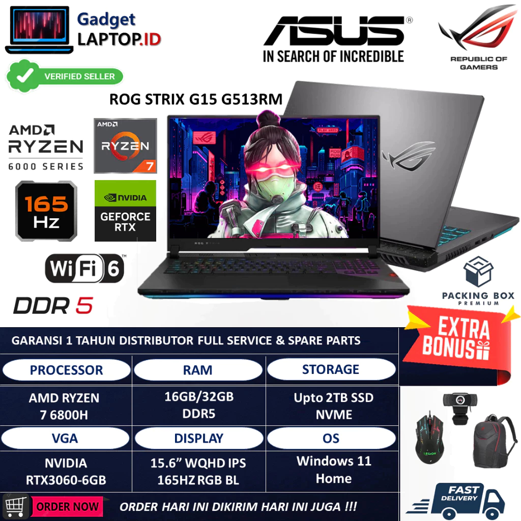 Laptop Gaming Asus ROG Strix G513RM Amd Ryzen 6800H 32GB 2TB RTX3060 6GB  WQHD IPS 165Hz Windows 11