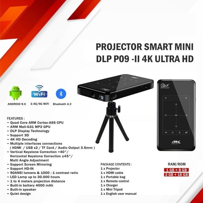 Jual Proyektor Smart Mini DLP P09-II 2GB+32GB ULTRA HD