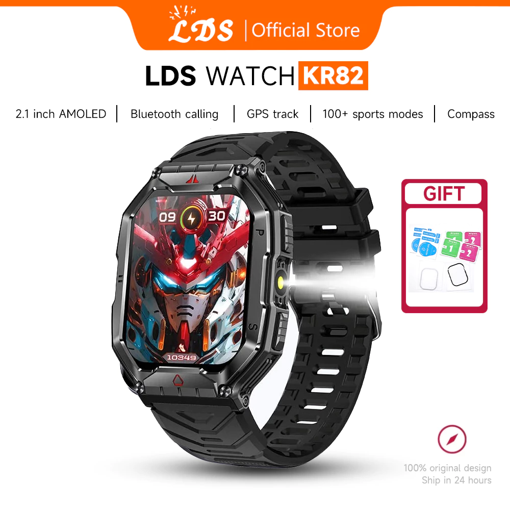LDS Outdoor Smartwatch KR82 Compass Flashlight Altitude Pressure 100+Sports Modes 3ATM Waterproof Bluetooth Call Smart Watch 650mAh Long Battery Life Mini Game 2.1 Amoled Full Screen Anti-scratch Jam Running Pria