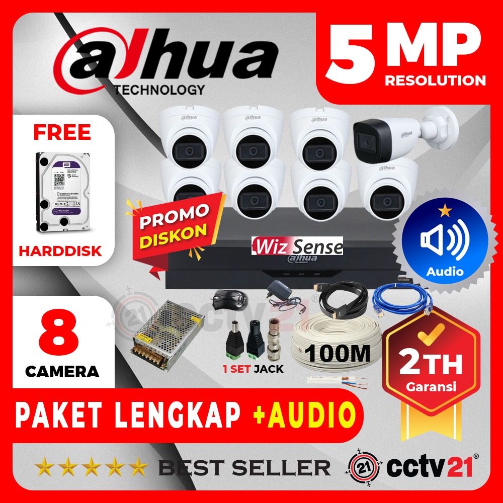 Jual Paket 8 Channel Camera CCTV 5MP Audio DAHUA DVR +Kabel 100M ...