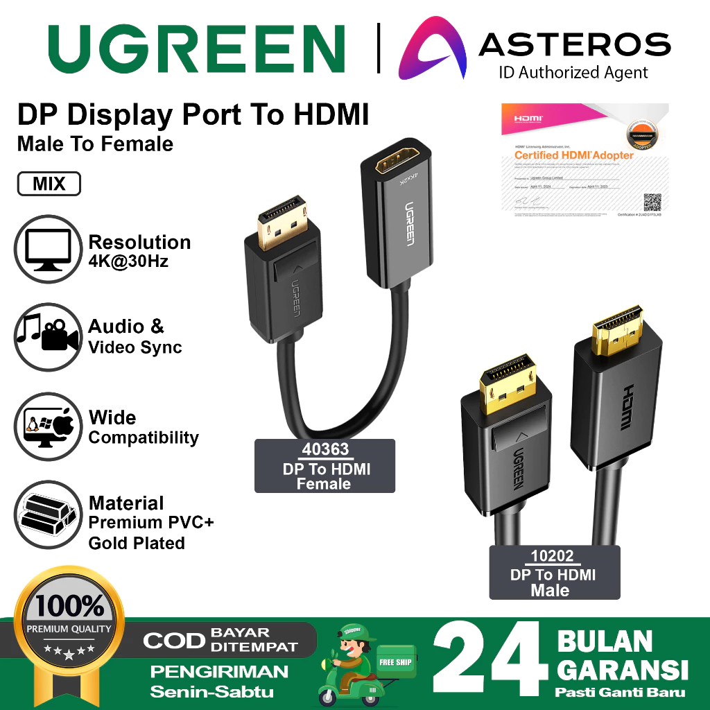 UGREEN Kabel Display Port to HDMI Male/Female 4K@30Hz 1080p@120Hz