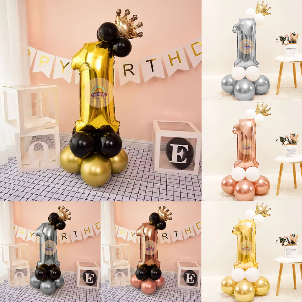 Paket Standing Angka Balon Ulang Tahun Chrome Metalik Mahkota