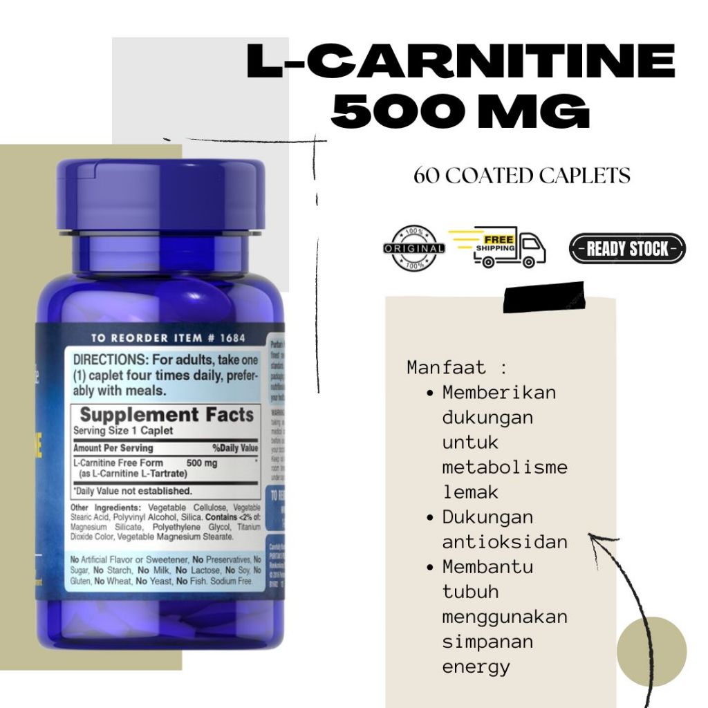 Jual Puritan's Pride L-Carnitine 500 mg 60 Caplets untuk Metabolisme Lemak  dan Antioksidan