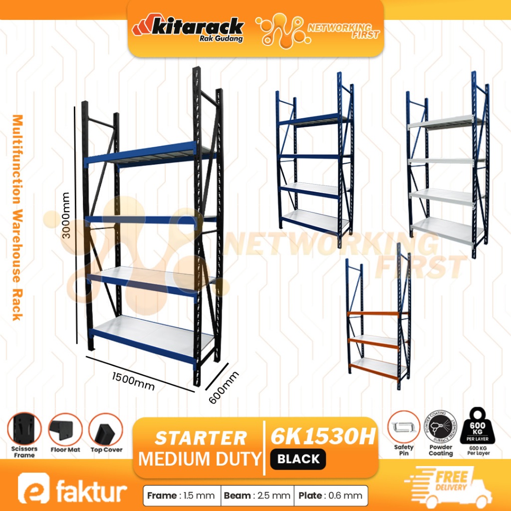 Jual Rak Gudang Kitarack Frame Hitam 600kg/Layer P:1500xL:600xT:3000mm ...