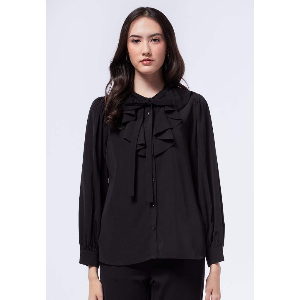 Jual Executive Ruffle Layer Bow Blouse Black | Shopee Indonesia