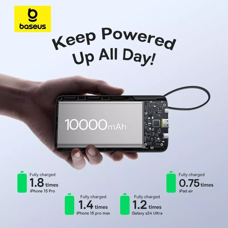 Baseus Bipow 2 20W Digital Display Power Bank With Built-in USB-C Cable 10000mah