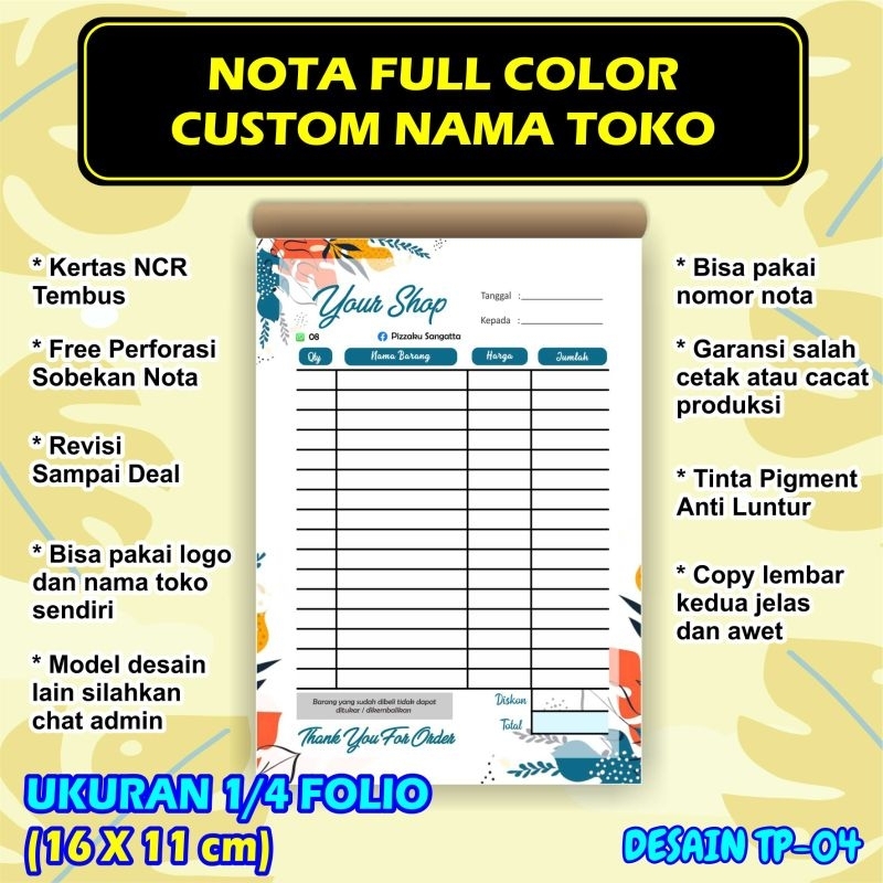 Jual Cetak Nota Custom Full Color isi 100 Lembar 1/4 folio | Shopee ...
