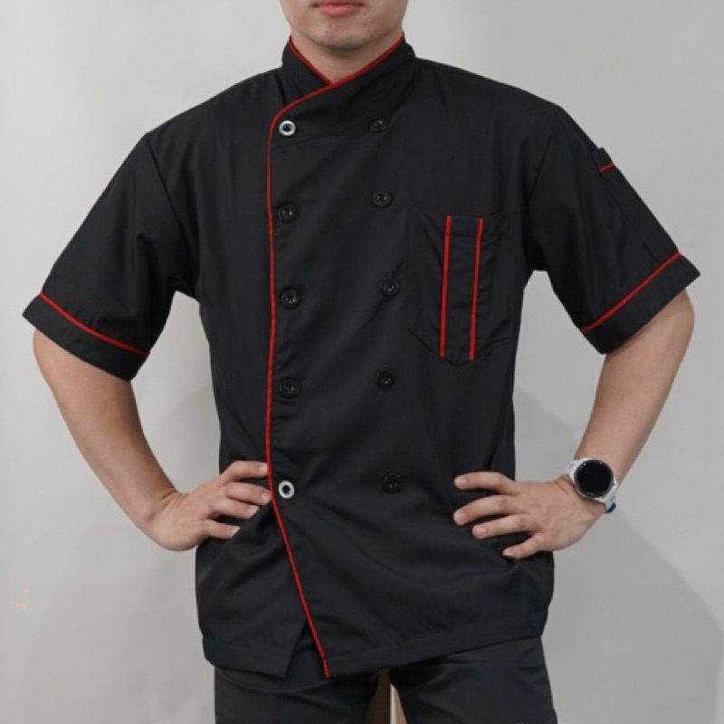 Jual baju koki pria warna hitam / baju chef / kemeja chef pria bahan