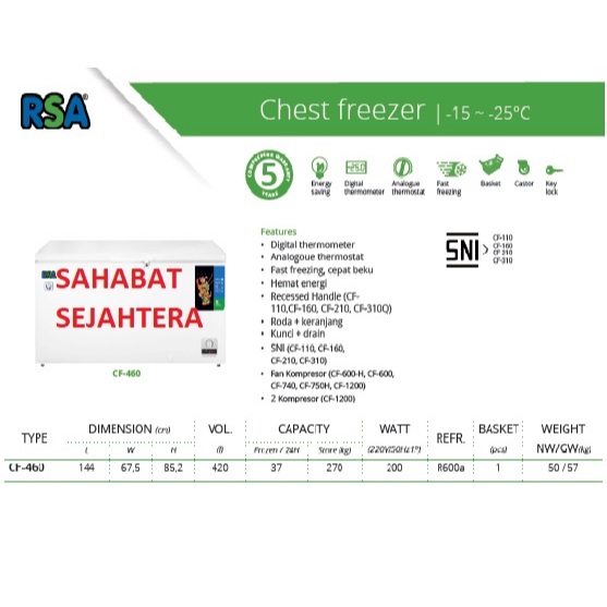 Jual RSA Chest Freezer CF-460 Freezer Box Kapasitas 420 Liter | Shopee ...