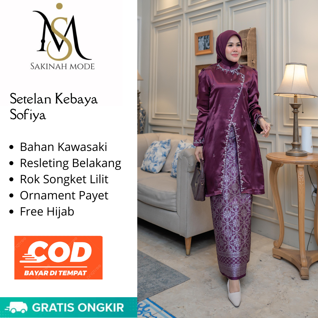 Jual Set Kebaya Sofia Rok Songket Free Hijab / Kebaya Modern / Kebaya ...