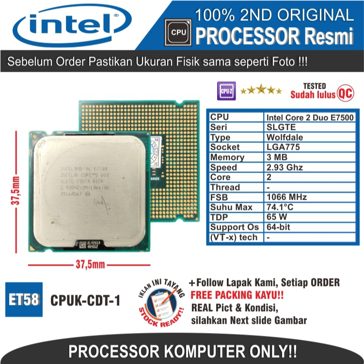 Jual ET58 CPUK-CDT-1 PROCESSOR PC KOMPUTER INTEL CORE 2 DUO E7500 SLGTE ...