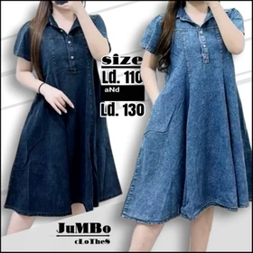 Dress Wanita Jumbo Ld 130 Ld 110 Bahan Jeans Wash Tidak Kaku