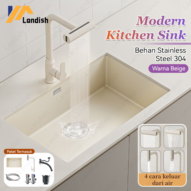 Putih Kitchen Sink Stainless Steel 304 Beige Dapur Lengkap Tarik Sink Set Adjustable Faucet Sink Modern Design Nama