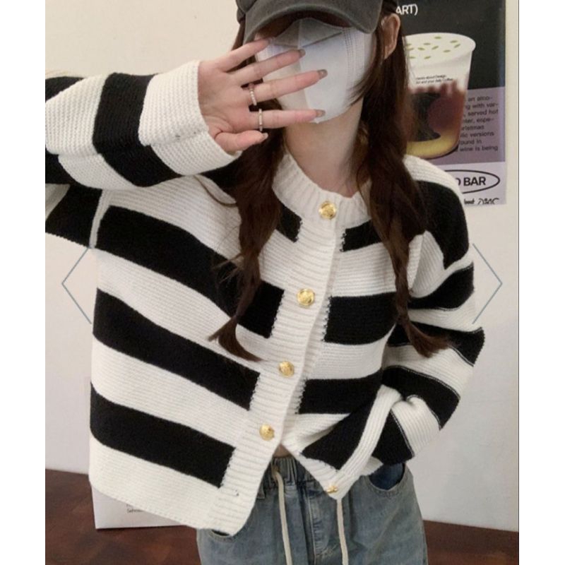 Jual Cardigan rajut wanita Stripe Kancing Lengan panjang cardigan rajut ...