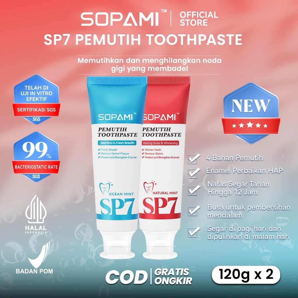 Paket combo SOPAMI SP7 Pro terdiri dari pasta gigi Ocean Mint dan Daun Mint masing-masing 120g