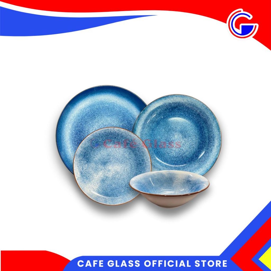 Dinner Set Keramik - Piring Mangkok Keramik Set - Reactive Blue Minimalis Hokita Tableware