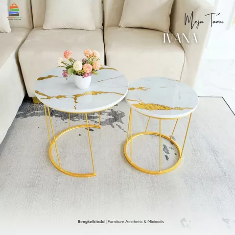Meja Tamu Aesthetic Meja Bulat Set 2in1 - MEJA IVANA - Samping Sofa Besi Holo Marmer Mewah