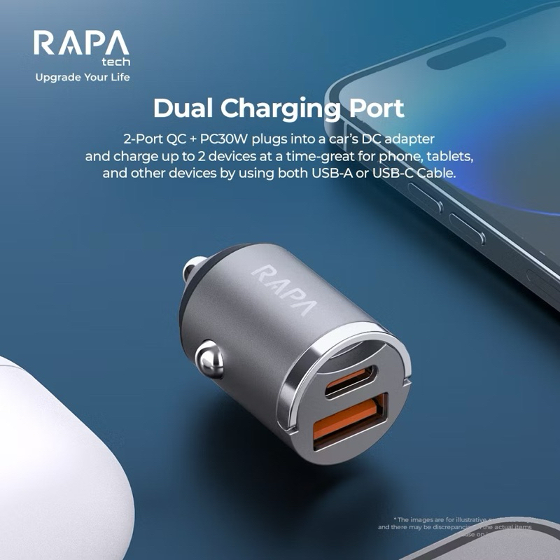 Jual Original RAPAtech Adapter Car Charger Dual Usb PD 30W Super Fast ...