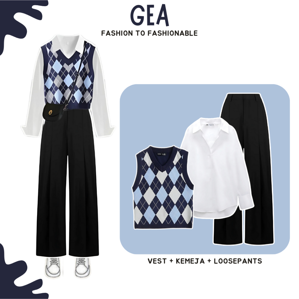 Jual Gea One Set Outfit Korean Style 3in1 Ootd Hangout ( Rompi Vest ...