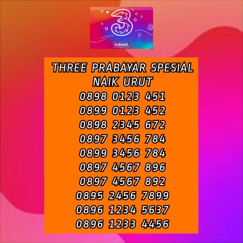 Jual Three prabayar nomor cantik naik urut 012345 bonus masa aktif 1 ...
