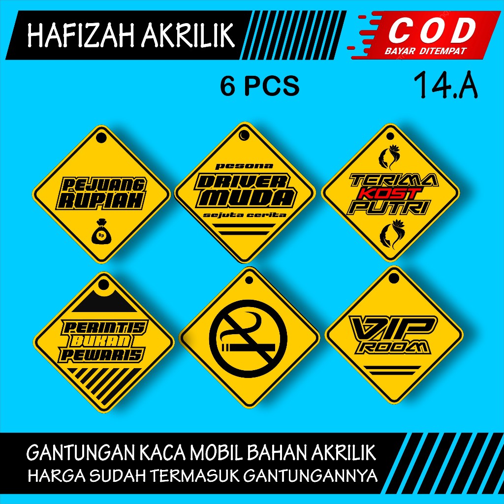 (COD) PAKET 6 PCS GANTUNGAN KACA MOBIL DAN TRUK AKRILIK BEBAS CUSTOM DUA SISI KD 14.A
