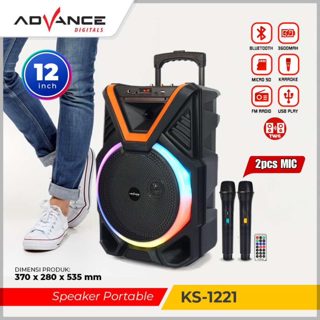 Advance Speaker Bluetooth Karaoke TWS 12inch+2xMic Wireless  821/1221