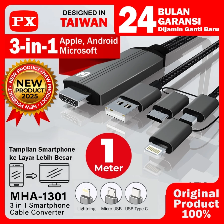 Kabel HDMI ke Type C USB/Micro/Lightning Converter 3 in 1 1 Meter PX MHA-1301