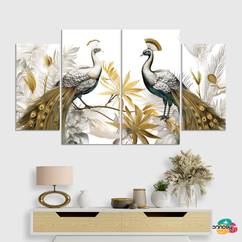TENNESY Hiasan Dinding Aesthetic 1 Set Peacock Abstract 4 Panel 70x40CM Wall Decor Pajangan Kamar