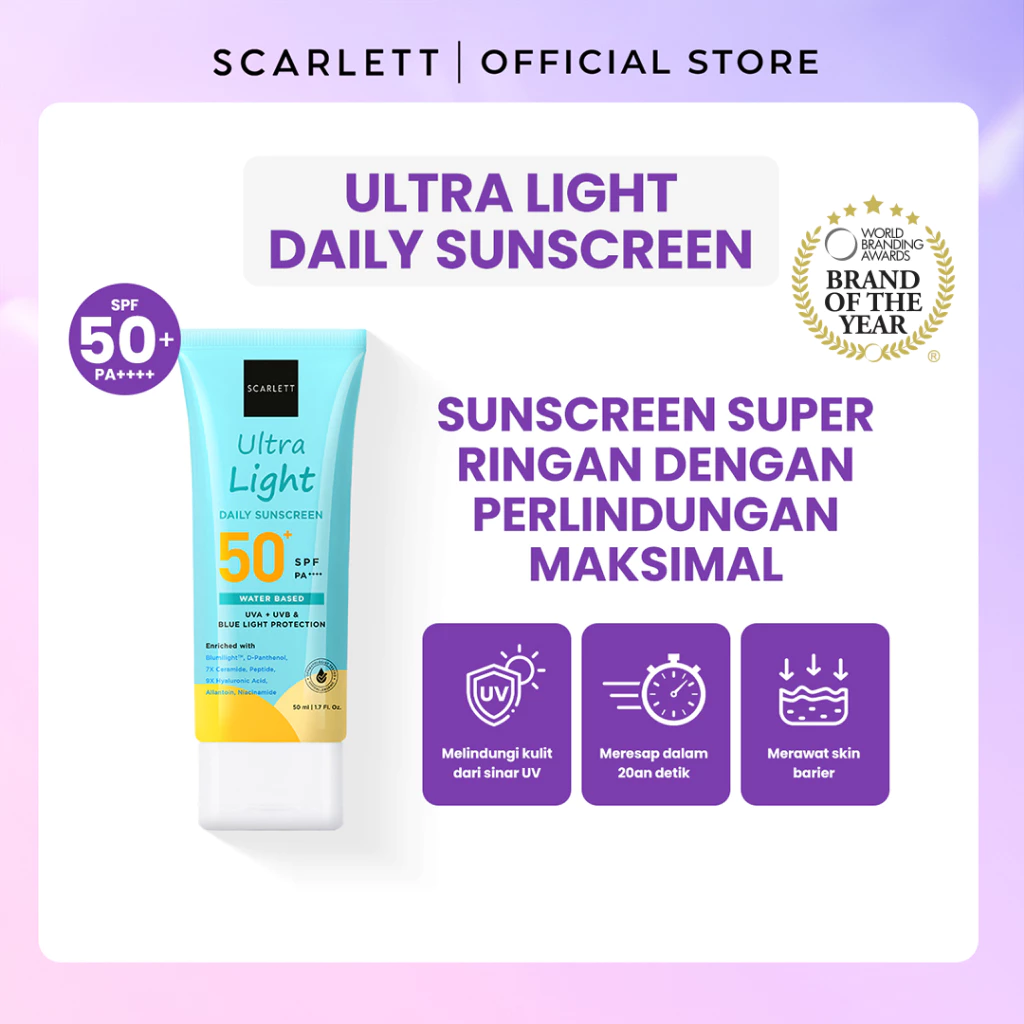 Sunscreen Harian Scarlett Whitening Ultra Light SPF 50 PA++++ Meresap Cepat 20 Detik