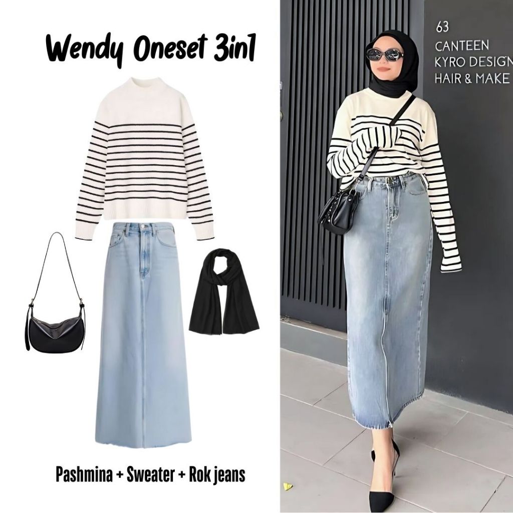 Jual One set 3in1 sweater rajut setrip garis rok jeans panjang pashmina ...