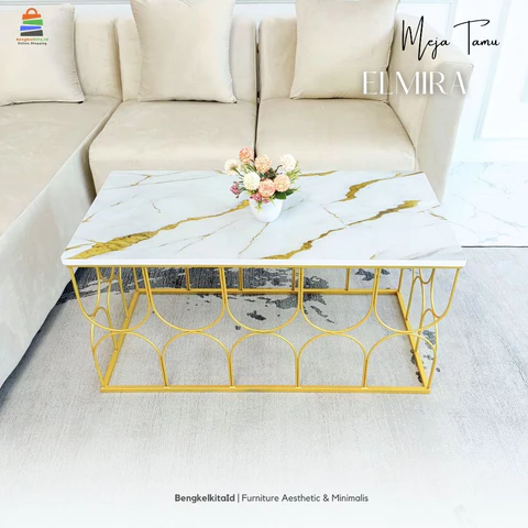 Meja Tamu Aesthetic Meja Sofa Minimalis - MEJA ELMIRA - Persegi Panjang Besi Holo Marmer