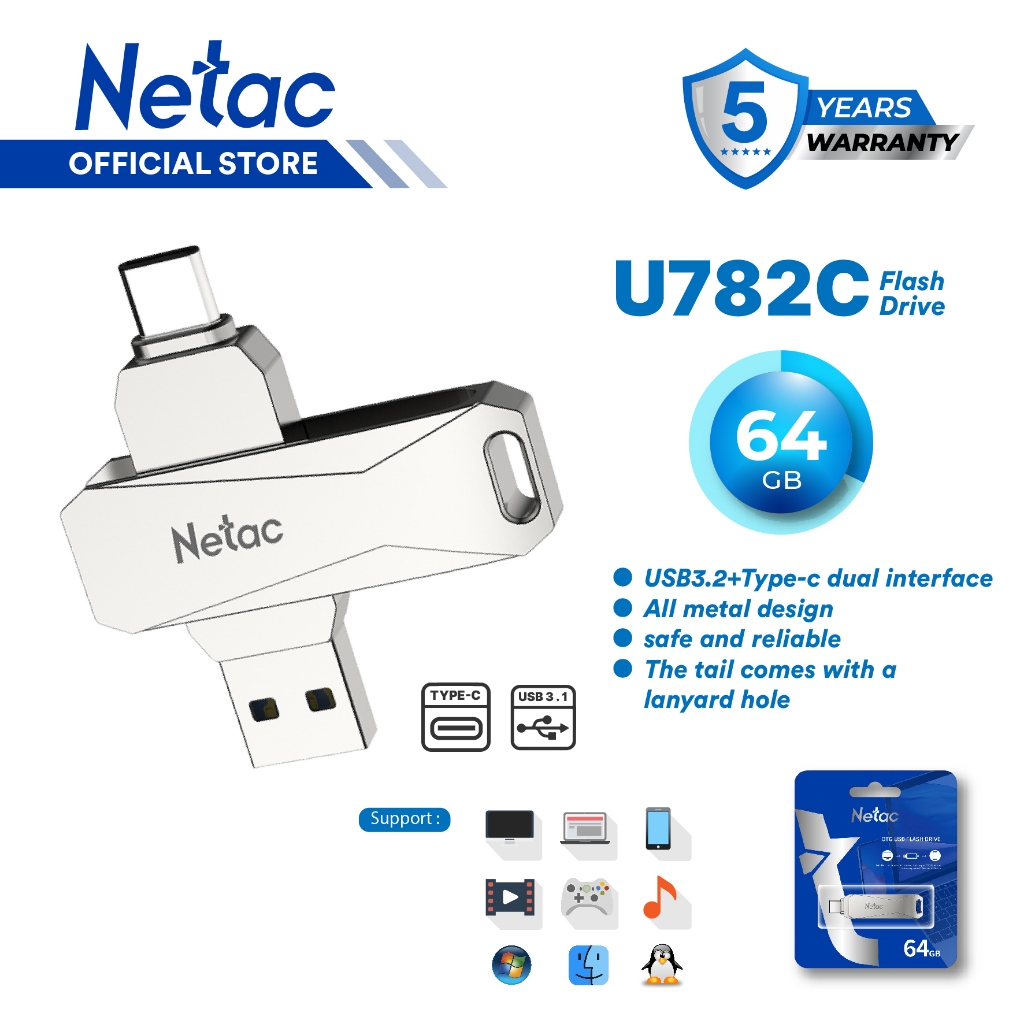 Jual Netac OTG Flashdisk U782C USB 3.2 + Type-C Dual Flash Drive 64GB ...