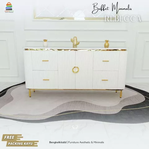 Meja Rebecca Buffet TV Minimalis Modern Aesthetic / Kabinet Rak TV Mewah 2 Pintu 4 Laci Kayu Solid Duco List Gold