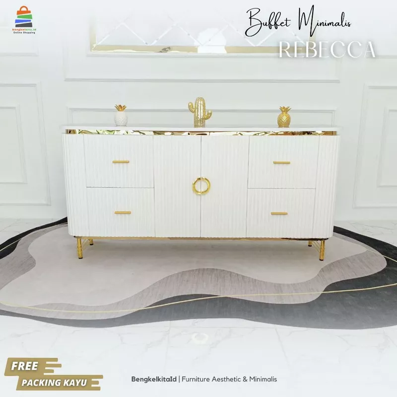 Meja Rebecca Buffet TV Minimalis Modern Aesthetic / Kabinet Rak TV Mewah 2 Pintu 4 Laci Kayu Solid Duco List Gold