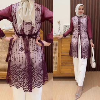 Hadju Tunik Brukat Bordir Sapto / Tunik Brokat Tali Kancing Mutiara Payet Diamond / Baju Kondangan, Wisuda, Seragaman, Bridesmaids, Pesta, Acara Formal Brokat Coffee Coklat Mahogany Warna Tren