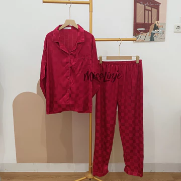 Baju Tidur Piyama Satin Kotak Setelan Lengan Panjang Celana Panjang Wanita Busui Full Kancing
