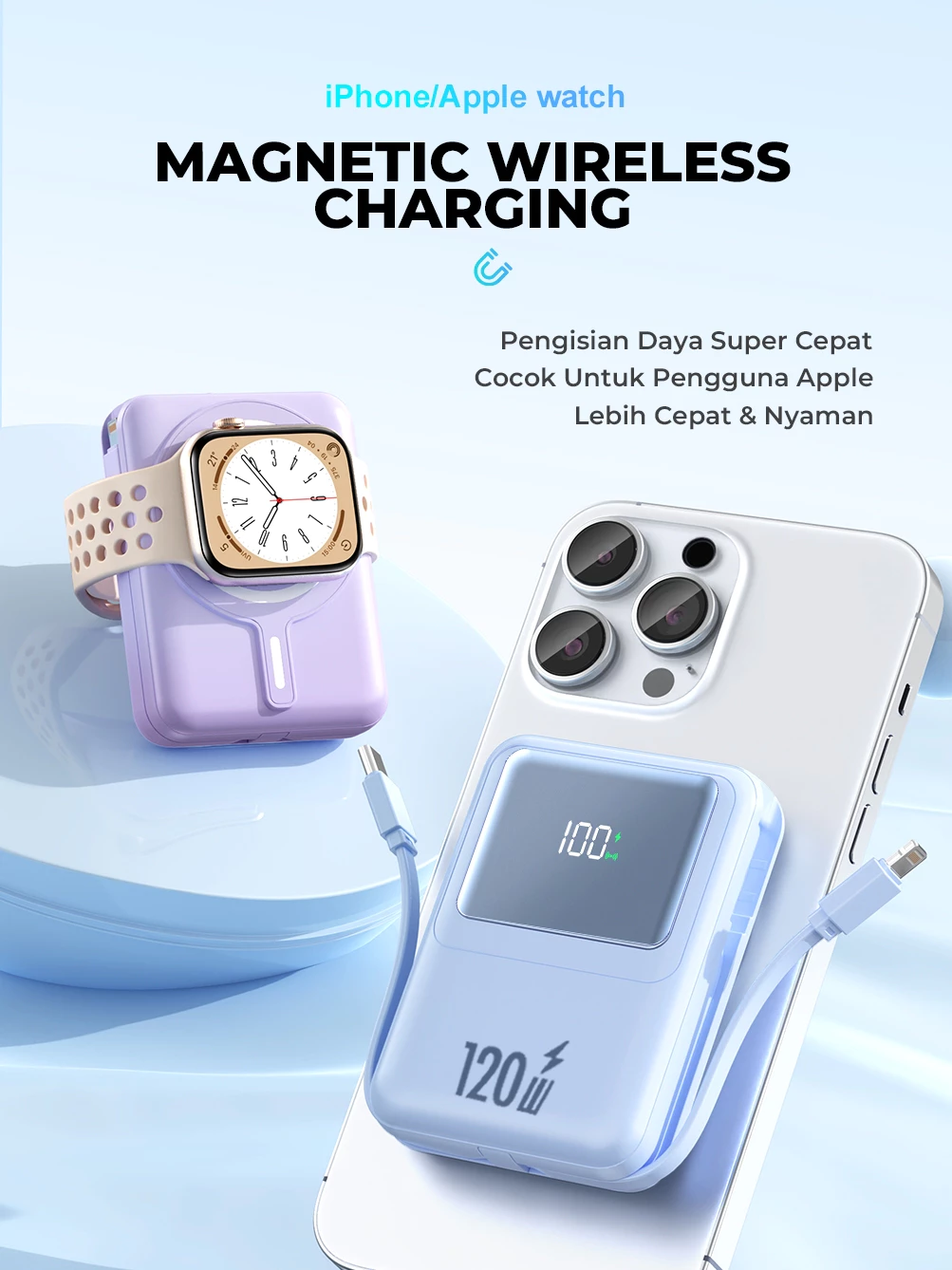 SKCBO 120W Wireless super Fast Charging Mini Powerbank 20000 mAh 4 USB Cable Fast Charging Pengisi Daya Cepat LED DIsplay Ringan
