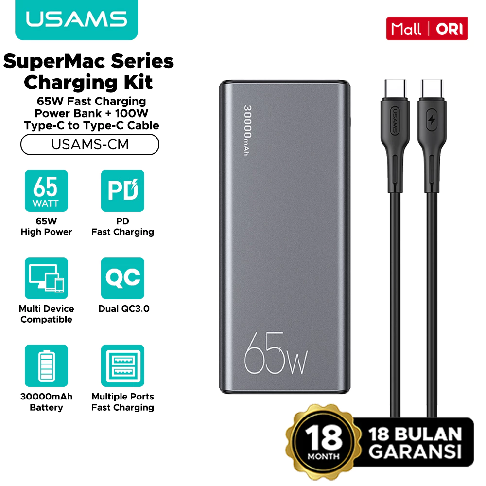 USAMS Powerbank 30000mAh Fast Charging PD 65W Dual QC3.0 + Kabel Data C to C 100W PB59
